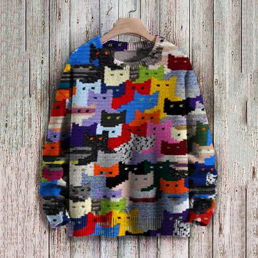 Multicolor Cat Lover Round Neck Knitted Sweater elevenforest