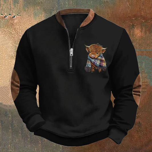 Men's Vintage Highland Cow Print Zip Collar Sweatshirt artswardrobe
