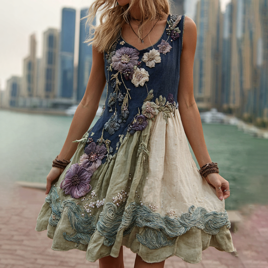Comstylish Women's Classy Gradient Japanese Sakura Cherry Blossoms And Sea Wave Embroidered Cotton And Linen Tank Dress