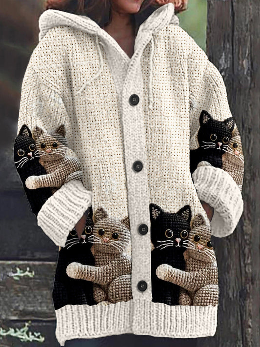 Cat Hug Crochet Art Women's Sweater Hooded Cardigan elevenforest