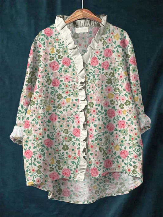 Comstylish Boho Rose Print Ruffled Linen Shirt