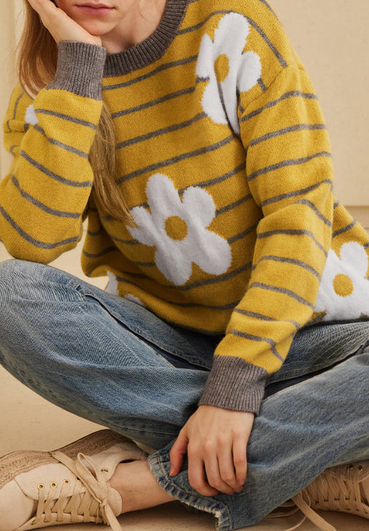 Leire® | Long-sleeved sweater with floral stripes and a crew neck