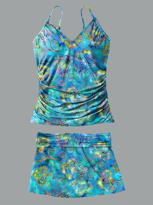 V-Neck Vintage Multicolor Flowers Art Print Suspender Skirt Tankini Pantskirt Set Swimsuit