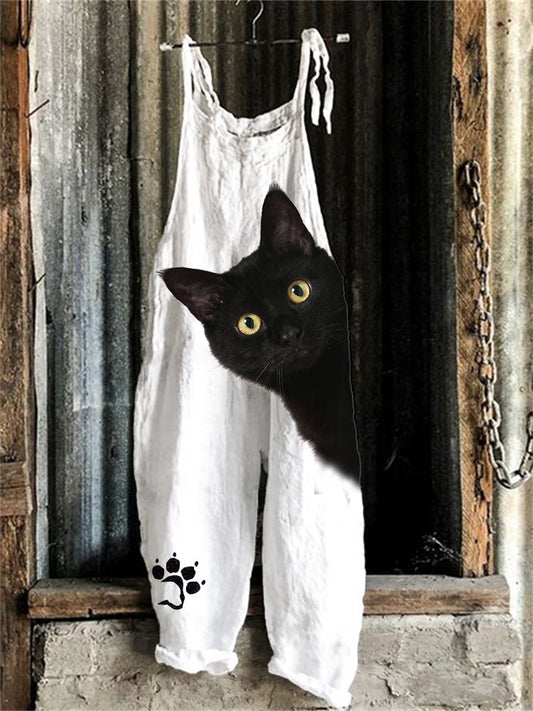 Black Cat Peeking Paw Print Loose Jumpsuit elevenforest