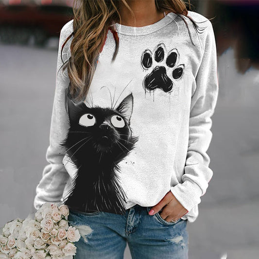 Women's Cute Cat Print Casual Crew Neck Sweatshirt elevenforest