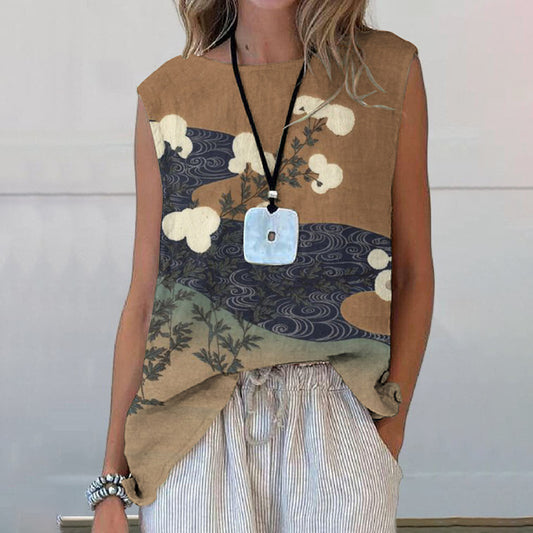Comstylish Summer Japanese Art Printed Casual Sleeveless Top
