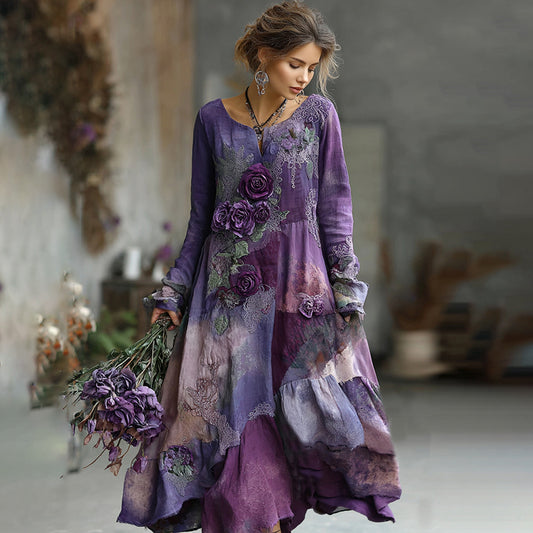 Vintage Bohemian Embroidered Floral Patchwork Maxi Dress artswardrobe
