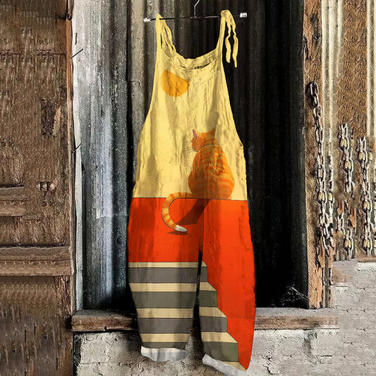 Abstract Creative Cute Cat In A Daze On The Balcony Painting Art Print Loose Casual Jumpsuit elevenforest