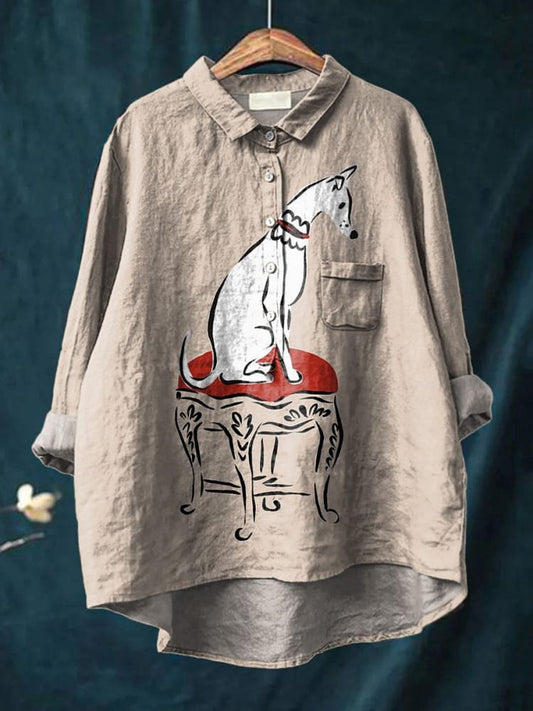 Comstylish Curious Puppy Dog Printed Women's Casual Cotton And Linen Shirt
