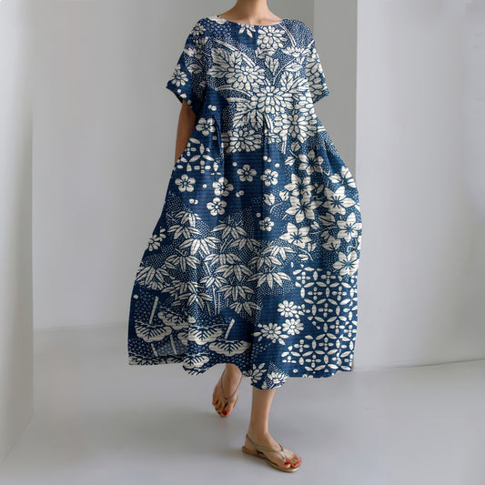 Comstylish Vintage Japanese Art Flower Print Short Sleeve Loose Midi Dress