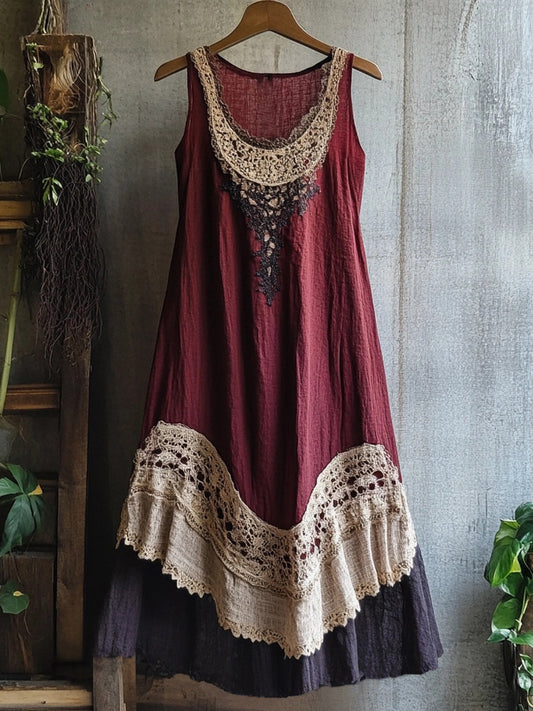 Retro Lace Patchwork Flowy Linen Tank Dress artswardrobe