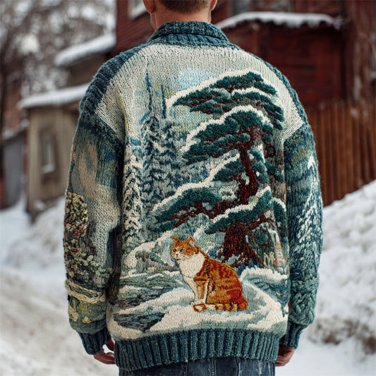Japanese Pine & Cat Men's Knit Cardigan elevenforest