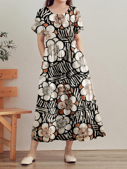 Vintage Japanese Art Pattern Linen Maxi Dress artswardrobe