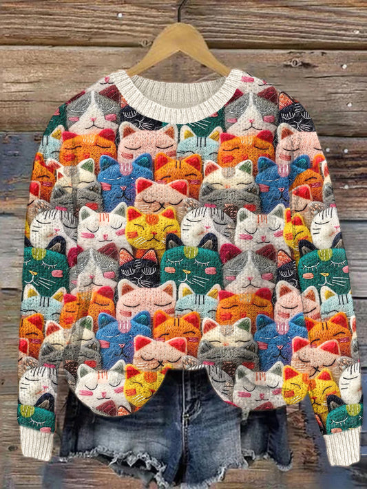 Comstylish Cute Cats Felt Art Cozy Knit Sweater