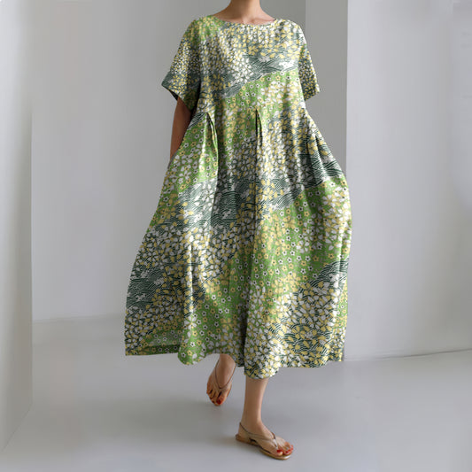 Comstylish Japanese Art Floral Chiyogami Painting Print Linen Blend Dress