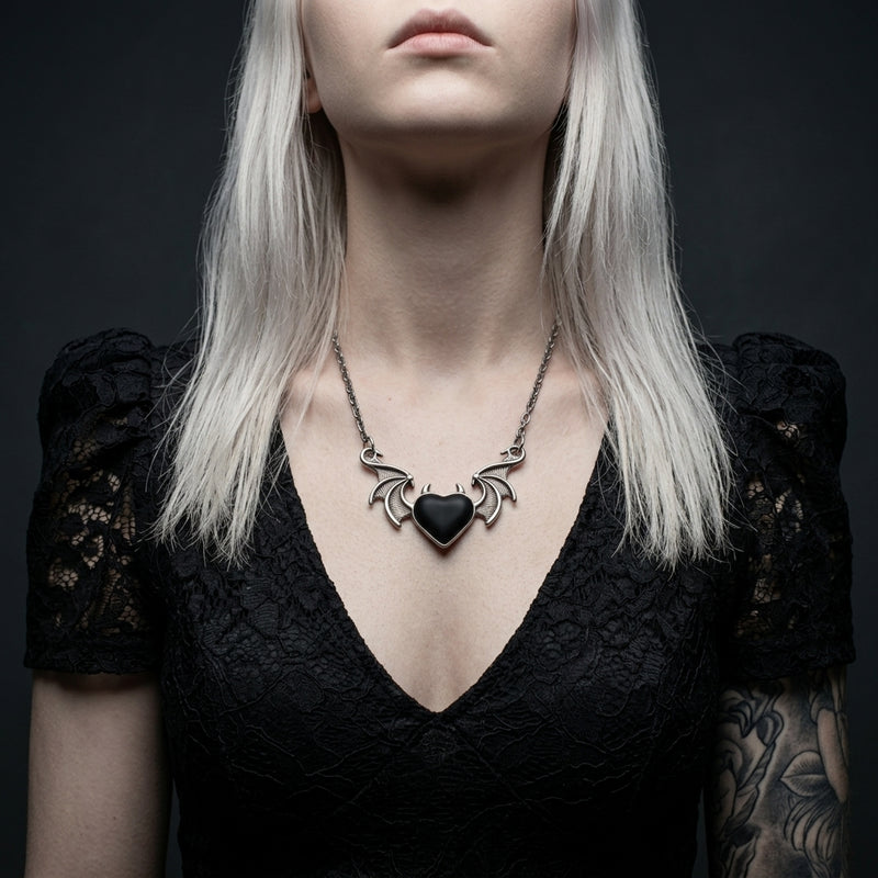 Winged Black Heart Necklace