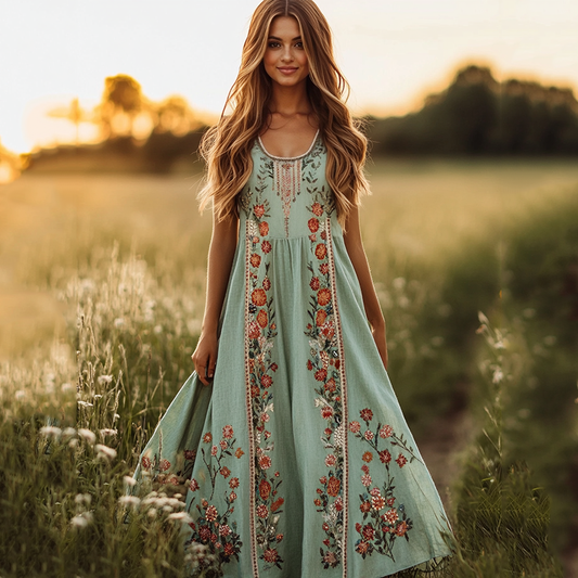 Bohemian Floral Art Linen Comfy Tank Dress artswardrobe