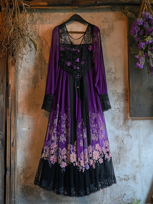 Vintage Lavender Gradient Lace Art Linen V Neck Maxi Dress artswardrobe