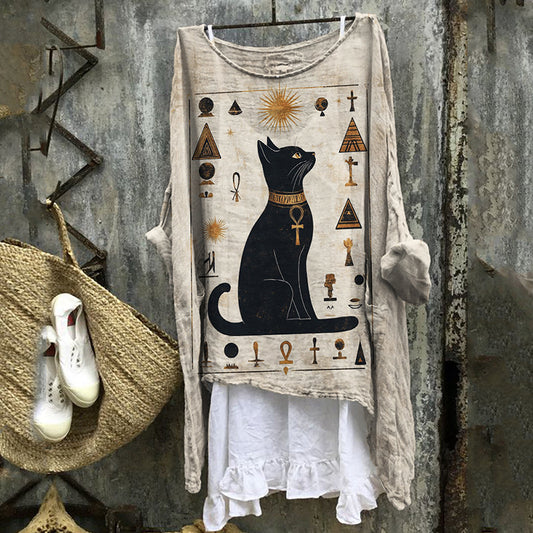 Black Cat Ancient Egyptian Art Flowy Linen Tunic