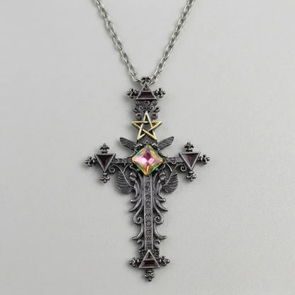 Dark Ritual Pentagram Crystal Cross Necklace