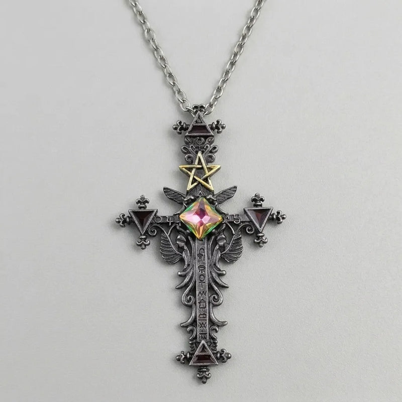 Dark Ritual Pentagram Crystal Cross Necklace
