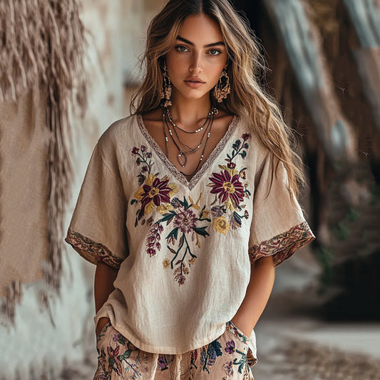 Women's Floral Embroidery Short Sleeve Casual Linen Top artswardrobe