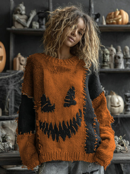 Halloween Spooky Face Contrast Stitched Cozy Knit Sweater elevenforest