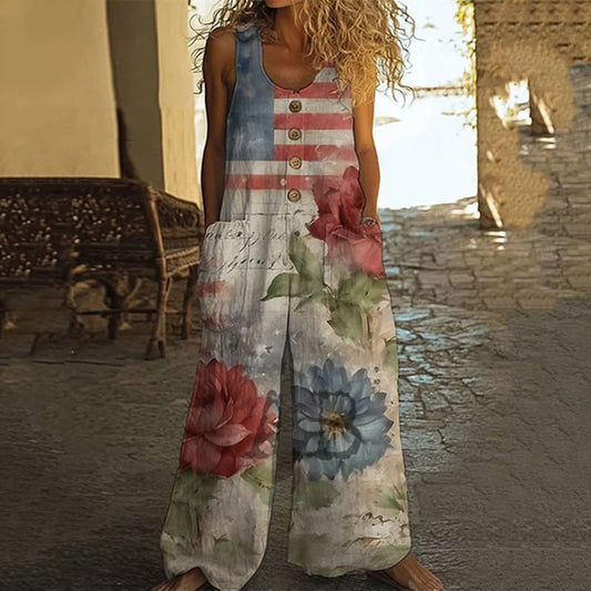 Women's Independence Day Vintage Botanical Floral Patchwork Flag Pattern Art Button Casual Jumpsuit artswardrobe