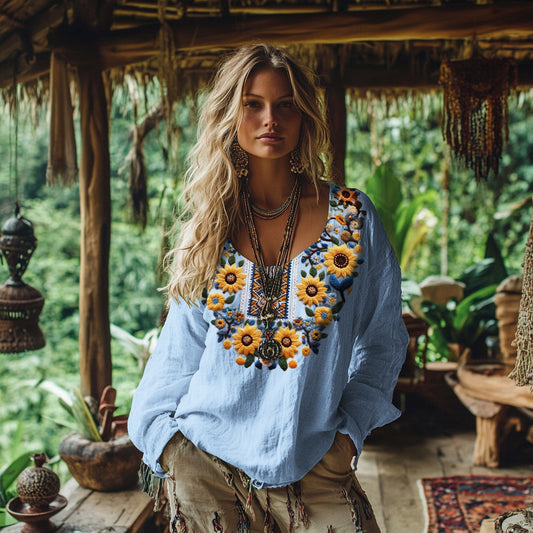 Comstylish Sunflowers Embroidered Linen Blend Shirt