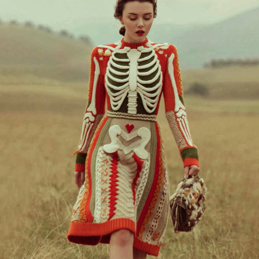 Women's Vintage Skull Rib Pattern Cozy Knit Mini Dress artswardrobe