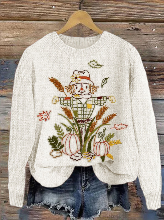 Scarecrow & Pumpkins Embroidered Thanksgiving Cozy Sweater artswardrobe