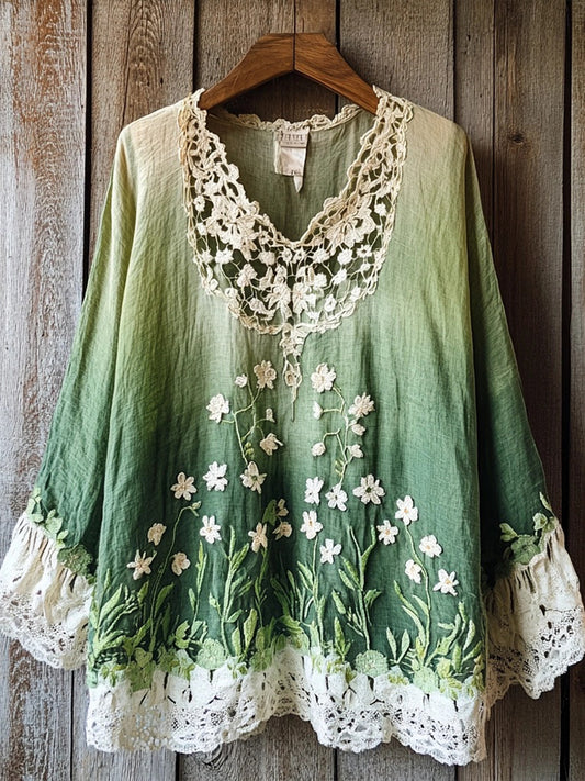 Women's Boho Floral Embroidered Lace Patchwork Linen Shirt artswardrobe