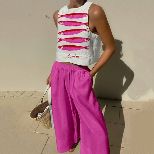 Linen Blend Unique Print Tank And Elastic Waist Pocketed Pants Set artswardrobe