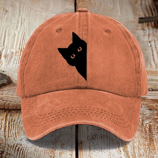 Comstylish Japanese Art Black Cat Print Washed Sun Hat