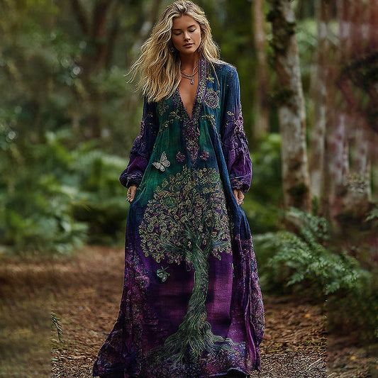 Vintage Life Of Tree Casual V Neck Maxi Dress artswardrobe