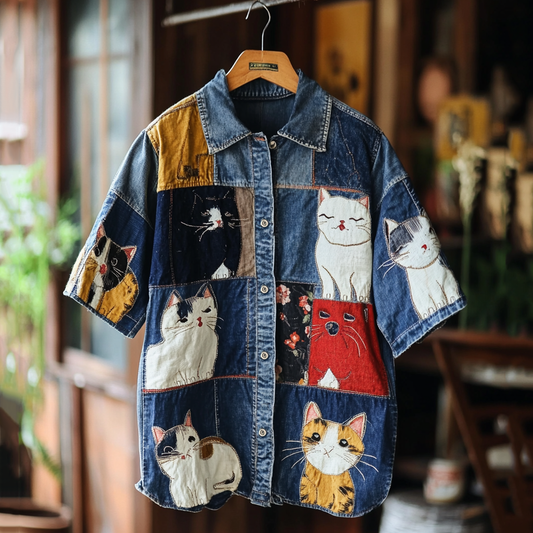 Comstylish Vintage Cute Cat Patchwork Denim Print Shirt