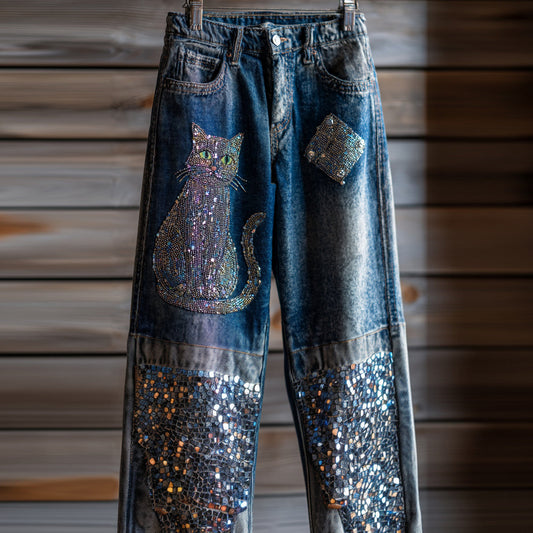 Casual Cute Diamond Cat Jeans elevenforest