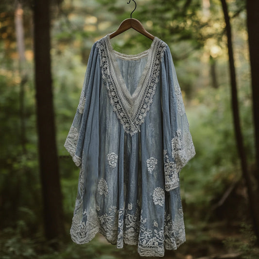 Vintage Floral Embroidered Pattern Linen Maxi Dress artswardrobe