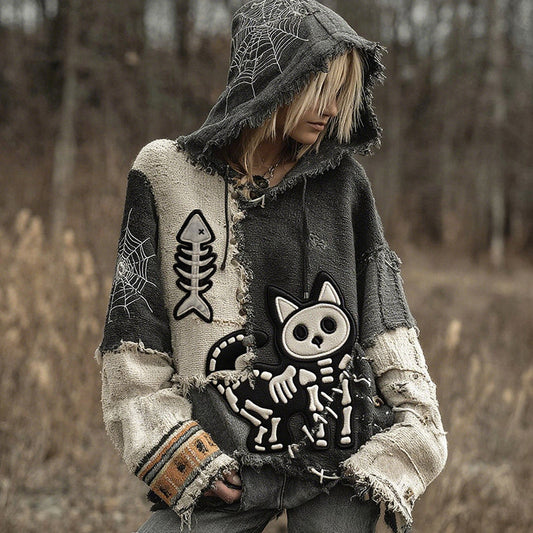 Halloween Black Cat Skeleton Contrast Stitched Hooded Cozy Knit Sweater elevenforest