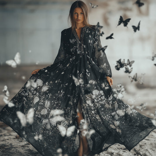 Comstylish Women's Vintage Classy Butterfly Wings Inspired Flowy Maxi Dress