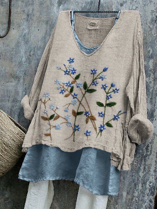 Comstylish Tiny Blue Floral Embroidered Linen Tunic