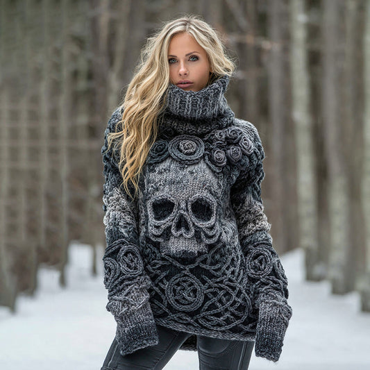 Women's Rose Skull Jacquard Chunky Knit Ombre Turtleneck Sweater elevenforest