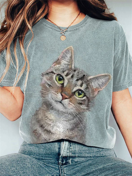 Comstylish Cute Cat Art Painting Print Vintage T-Shirt