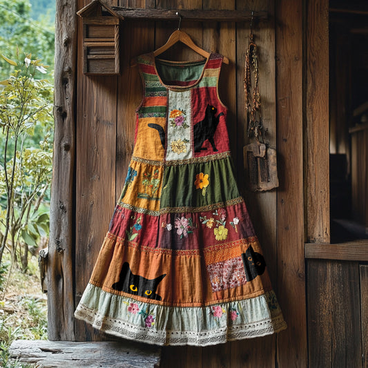 Vintage Black Cat And Floral Linen Tank Dress artswardrobe