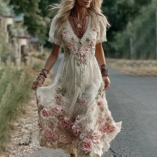 Women's Vintage Floral Embroidery V Neck Casual Maxi Dress artswardrobe