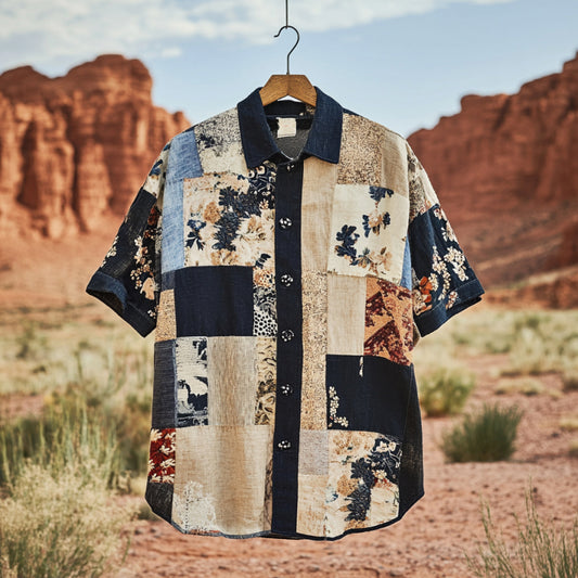 Men's Applique Patchwork Art Casual Short Sleeve Shirts artswardrobe