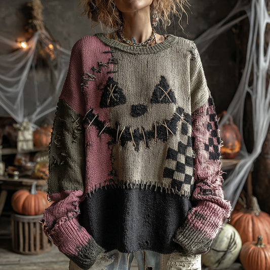 Halloween Pumpkin Face Contrast Stitched Cozy Knit Sweater elevenforest