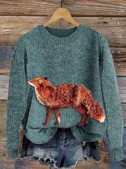 Fuzzy Fox Embroidery Art Cozy Knit Sweater artswardrobe
