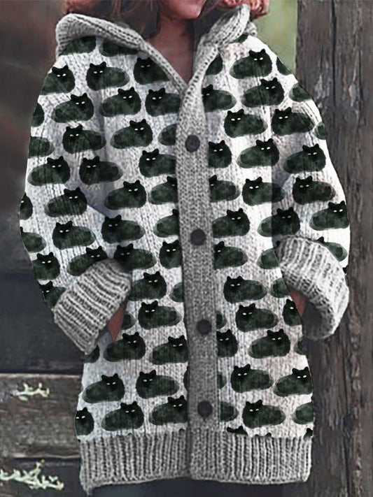 Black Cats Pattern Cozy Hooded Cardigan artswardrobe