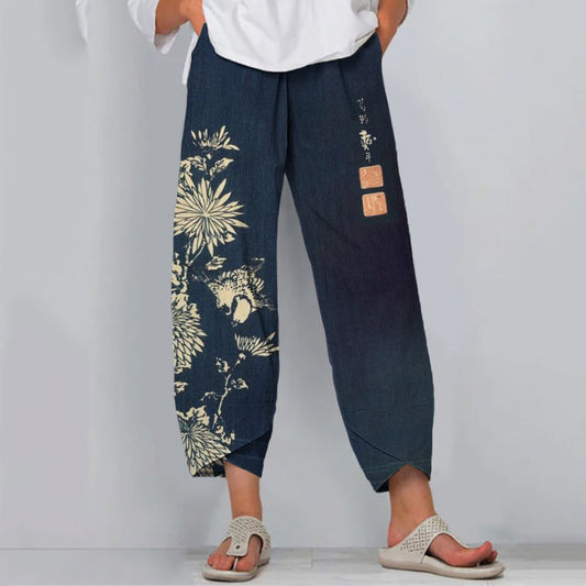 Comstylish Vintage Chrysanthemum Print Casual Pants